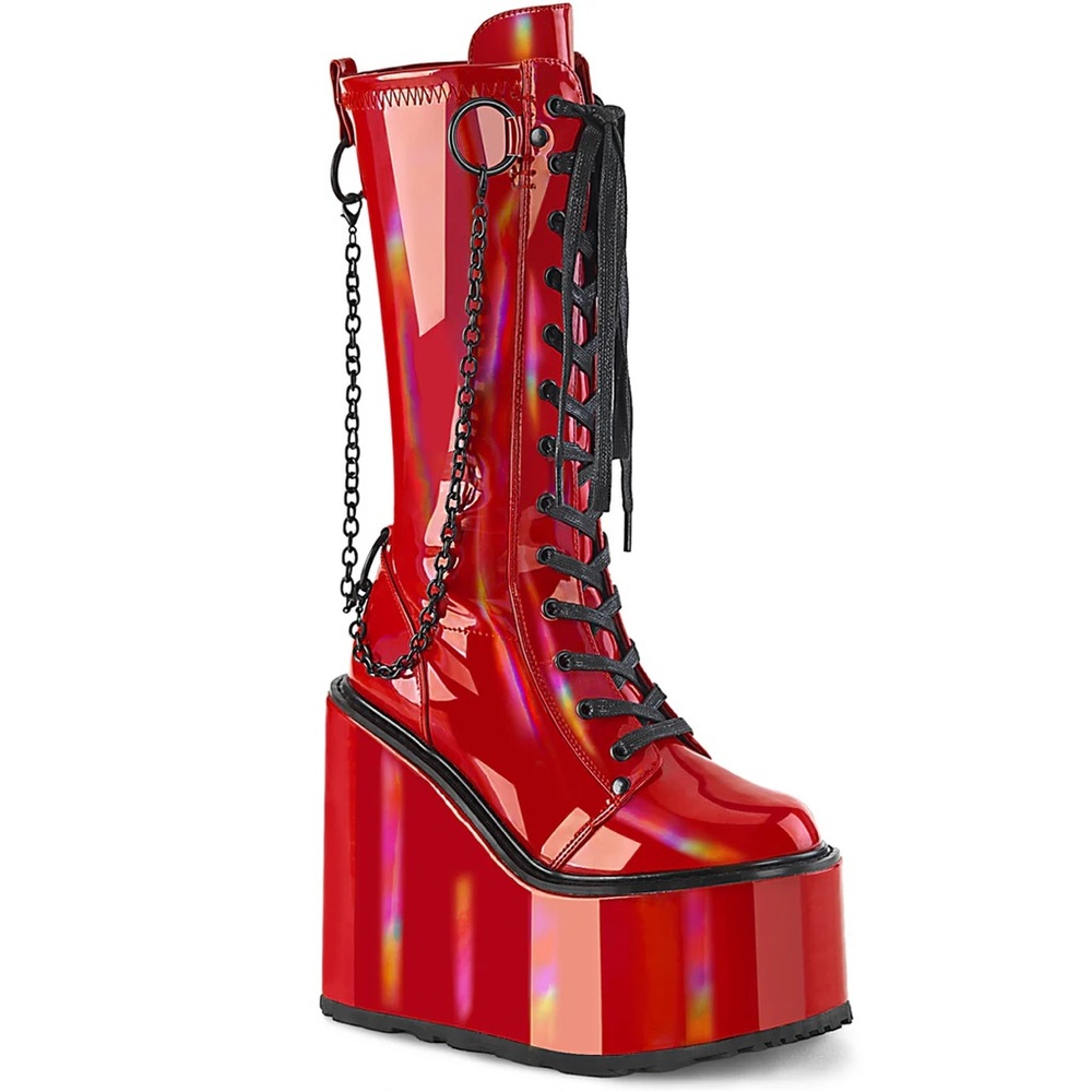 Demonia Swing-150 Red Platform Knee High Boots - image 1